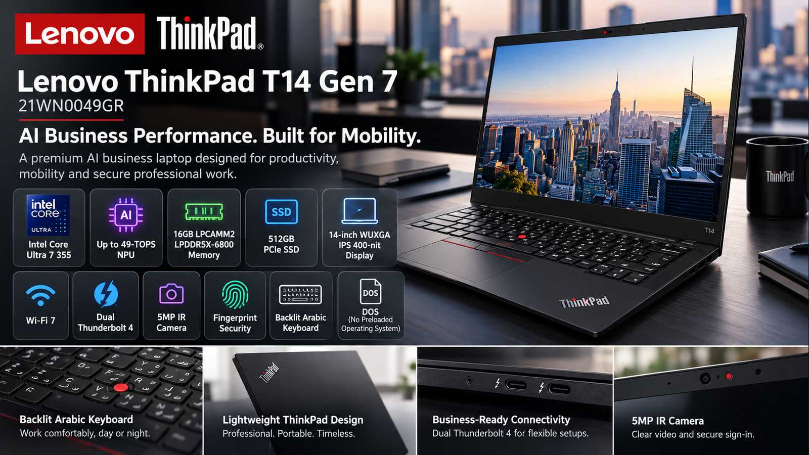 Lenovo ThinkPad T14 Gen 7 21WN0049GR Copilot+ AI Business Laptop, Intel Core Ultra 7 355, 16GB LPCAMM2 LPDDR5X-6800, 512GB PCIe 4.0 SSD, 14-inch WUXGA IPS 400-Nit, Wi-Fi 7, DOS, Backlit Arabic Keyboard, Black with Warranty | 21WN0049GR
